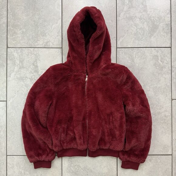 Love Tree Burgundy Soft Cozy Faux Fur Hooded Jacket Size L Womens - Picture 9 of 9